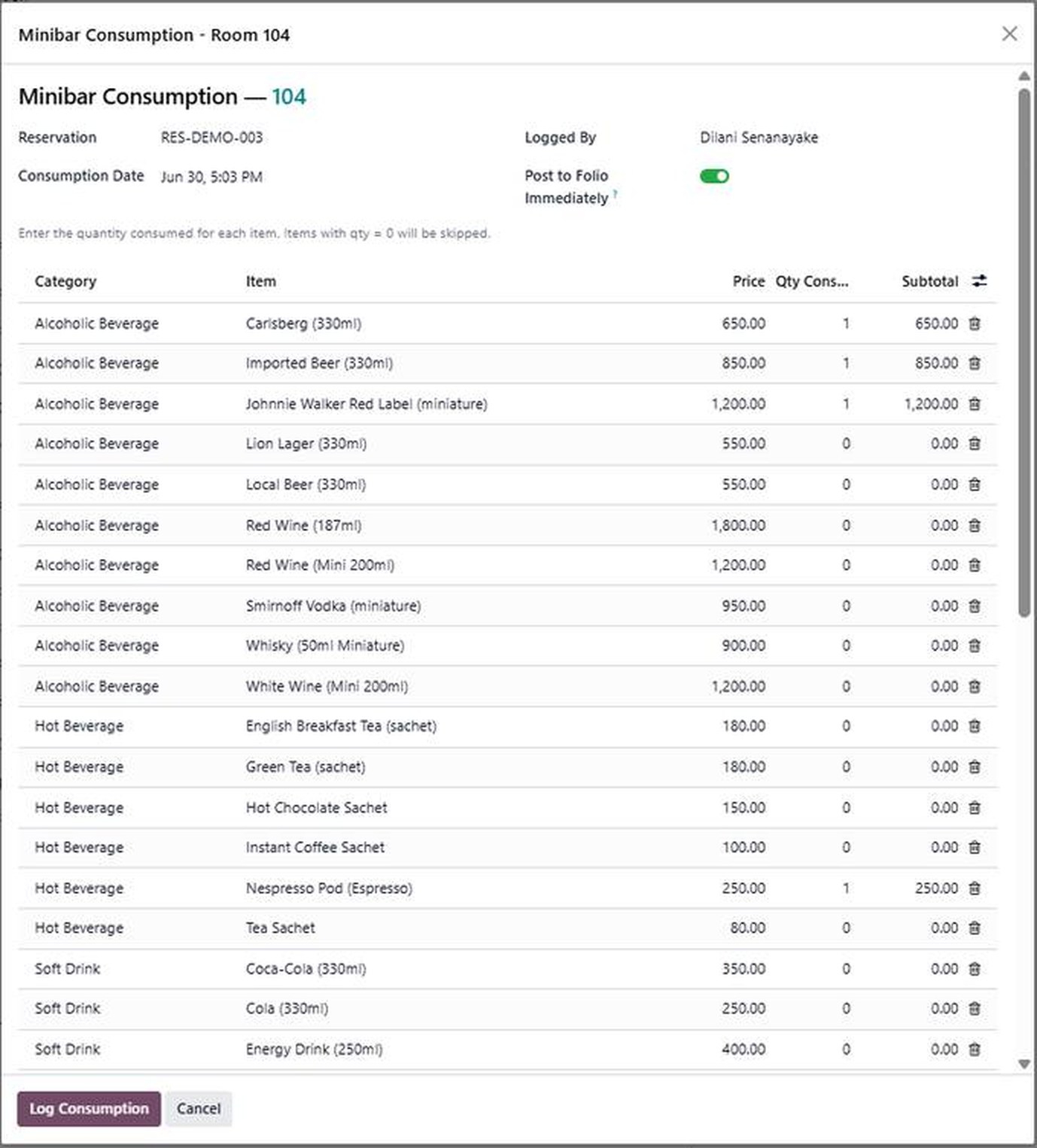 Minibar consumption dialog for room 104 listing beverages by category with price and quantity consumed.