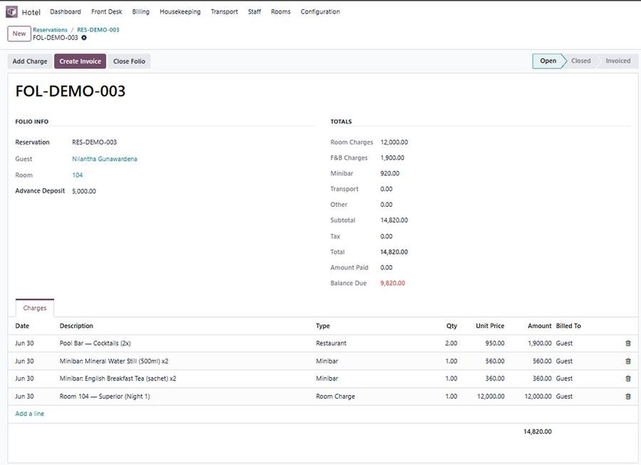 Reservation folio showing room charges, F&B charges and minibar totals with itemised charge lines.