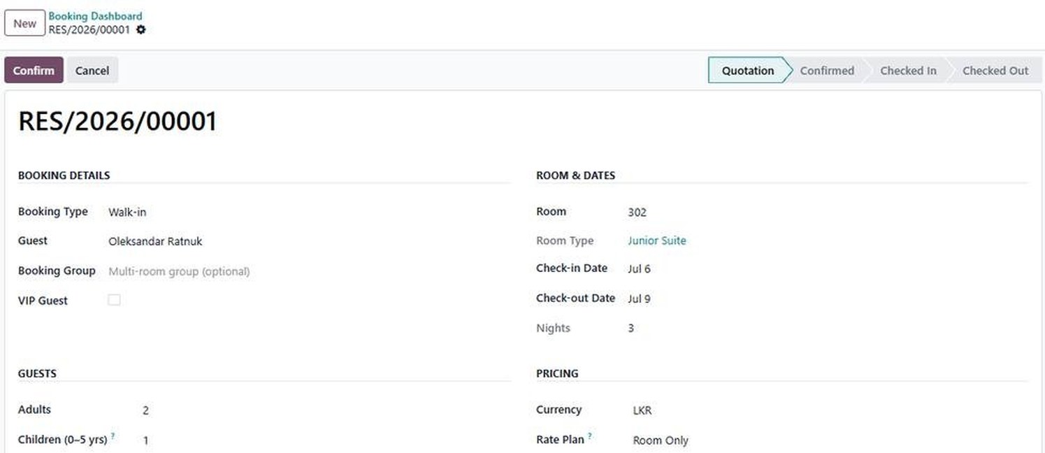 Reservation record showing booking type, guest, VIP flag, board type, room and dates, rate plan and calculated room total.