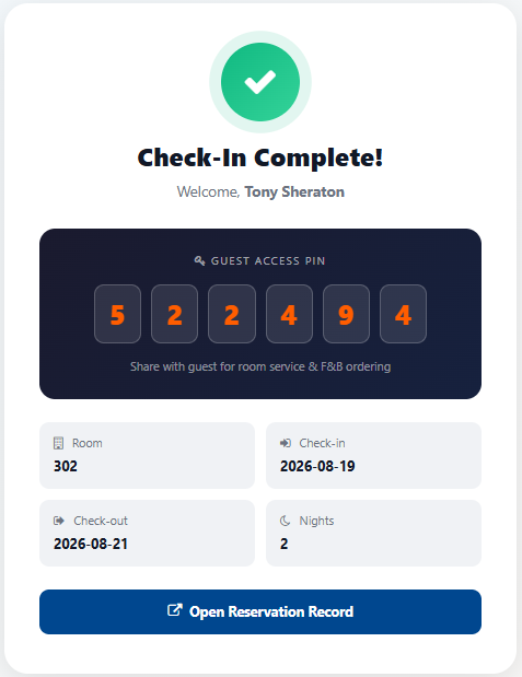 Check-in complete screen showing a six-digit guest access PIN for room service and F&B ordering.