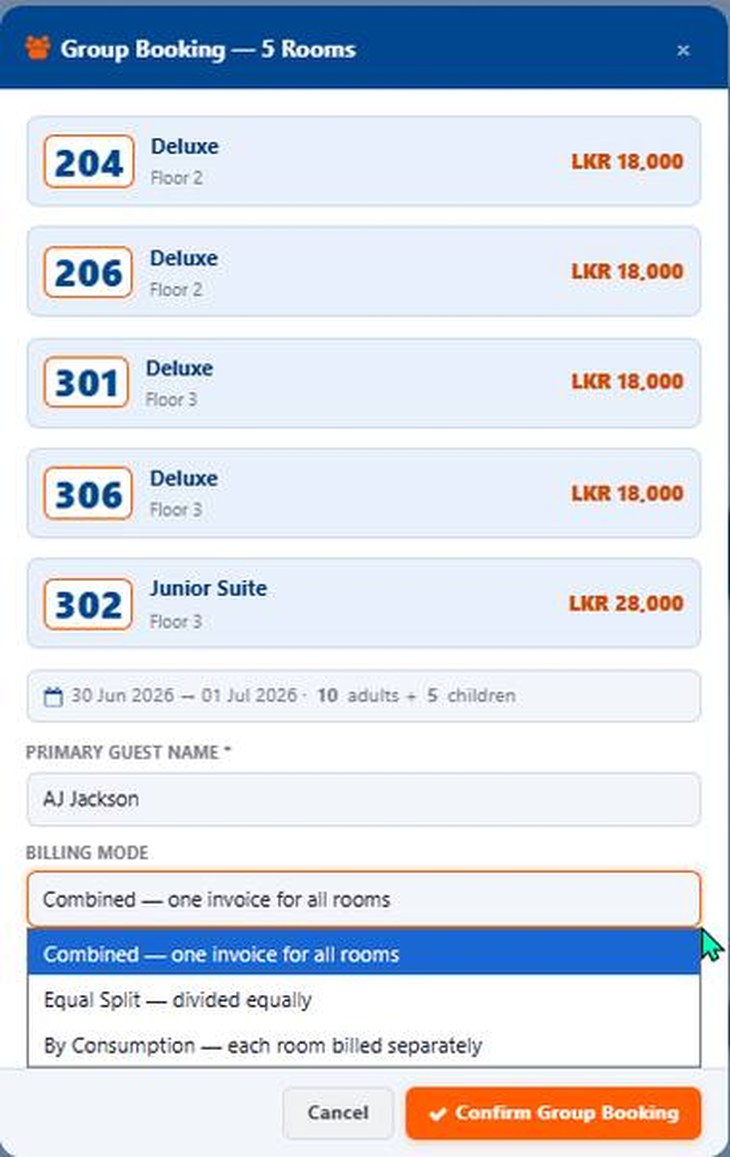 Group booking panel listing five rooms with type, floor and rate, and a billing mode dropdown offering combined, equal split and by consumption.