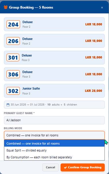 Group booking panel listing five rooms with type, floor and rate, and a billing mode dropdown offering combined, equal split and by consumption.