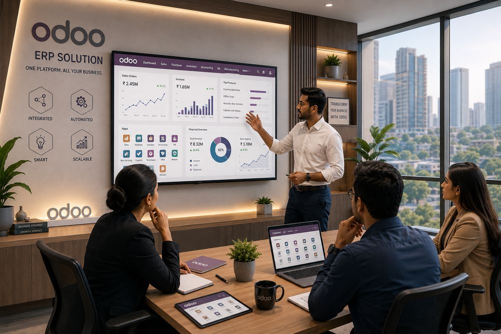 Team reviewing an Odoo ERP dashboard in a boardroom