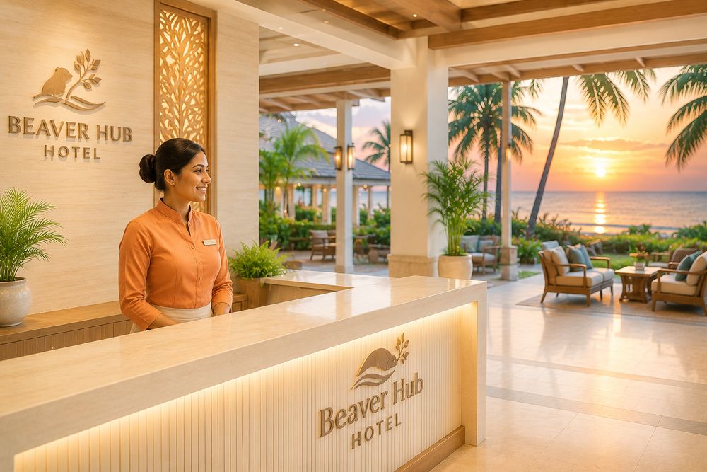 Front-desk reception at a beachside hotel